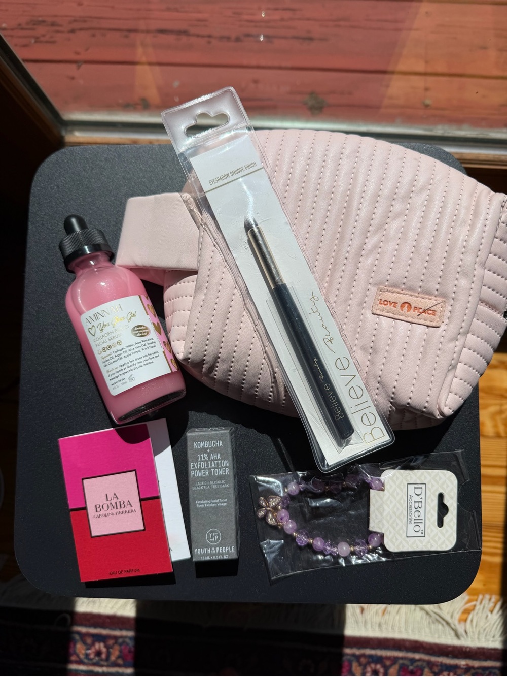 Pink Quilted Cosmetic Bag with Skincare Bundle